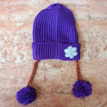 Topi Rajut Kepang Anak Bunga - Ungu