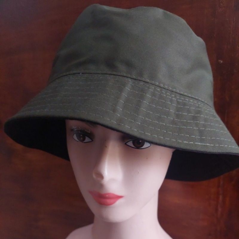 Topi Bucket Polos Dewasa Bolak Balik Warna - Army x Hitam